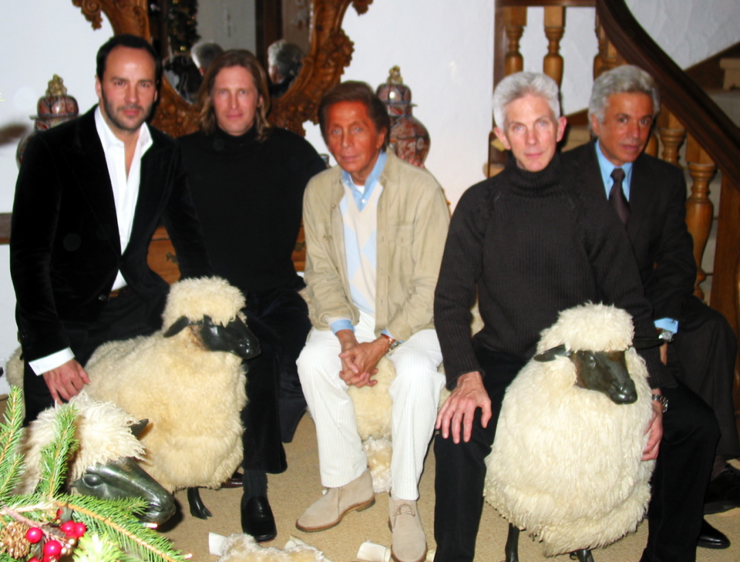 Fellow couturier Tom Ford, Bruce Hoeksema, Tom Ford’s late husband Richard Buckley, and Giancarlo Giammetti in Gstaad at Valentino’s chalet amidst Lalanne sheep