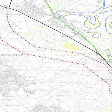 «Bestmöglicher Kompromiss» - Der Korridor (rot) betrifft auch den Wagenrain: Von Niederwil geht es über Wohlen nach Fischbach-Göslikon vorbei in der Nähe des Mösli und nach Bremgarten. Bild: Archiv