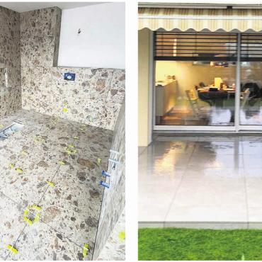 EDI Keramik – Profis für Wandund Bodenbeläge - Für solide Vorarbeiten, wie das akribische Abdichten im Badezimmer… und das exakte und symmetrische Verlegen der Platten in Innenräumen… wie hier bei einem Gartensitzplatz, ist die EDI Keramik GmbH der richtige Partner bei allen Arbeiten rund um Wand- und Bodenbeläge. Bild: zg