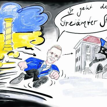 Freiämter Sturm mal anders - An der Landammannfeier vor einer Woche in Wohlen stellte Grossratspräsident Lukas Pfisterer den Freiämter Sturm in den Mittelpunkt seiner Rede. Der Werdegang des neuen Landammanns Jean-Pierre Gallati entspricht laut Pfisterer dem historischen Ereignis aus dem Jahr 1830. Dies animierte Karikaturistin Etschgi. Sie griff zum Zeichnungsstift und meint: «Die Freiämter sind zuweilen etwas stürmisch und wild, manchmal etwas chnorrlig, aber wir sind Macher. Herzliche Gratulation zu diesem ehrenvollen Amt auch von Etschgi.» Bild: Etschgi