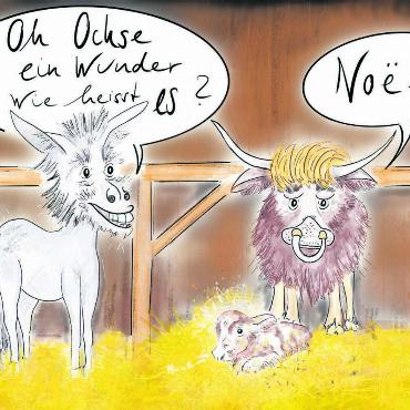«Lachen – das wirkt Wunder» - «Ja, der Ochse und der Esel – manchmal fühle ich mich als Esel, manchmal auch als Ochse... und in der vorweihnachtlichen Hektik sowieso», schreibt Karikaturistin Etschgi. Aber jetzt kommt noch das «DOCH». «Doch trotz aller Hektik, trotz allem Stress und trotz allen Sorgen, es ist immer Zeit da, um kurz zu schmunzeln oder auch zu lachen, und das wirkt Wunder. Oh Wunder! Wunderbare Weihnachten wünsche ich von Herzen.» Bild: Etschgi