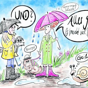 Kommt endlich der Sommer? - Pflotsch, Matsch, Regen – langsam reicht es. «Wir sind ja alle froh, dass der Grundwasserspiegel wieder ansteigt, die Seen sich füllen und die Natur sich erholt», schreibt Karikaturistin Etschgi. Aber irgendwie wirds langsam langweilig. Darum eine Prognose von Etschgi: «Es wird bald besser oder auch nicht…» Bild: Etschgi