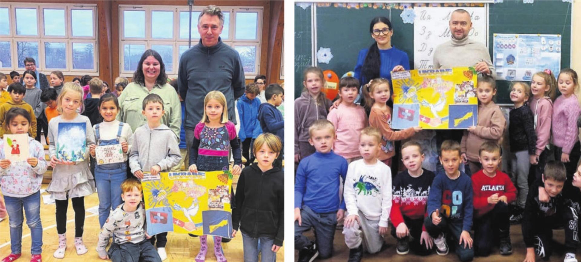 Solidarisch: Die Bremgarter Primarschüler (mit Lehrerin Ramona Suter und Stefan Dietrich) unterstützten die kriegsgeplagten Gspändli von Lehrer Robert Rojak in UZgorod. Daraus ist nun ein Austausch entstanden. Bild: zg