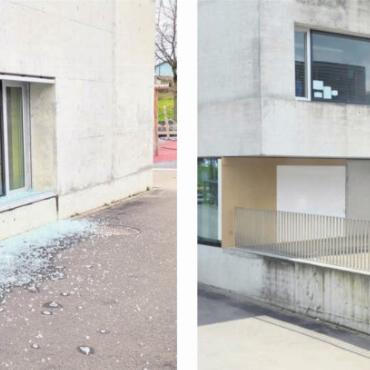Noch keine Spur von den Tätern - Besonders betroffen war über Ostern das Schulhaus Bünzmatt 3. Weil grosse Verglasungen derzeit nur schwer zu bekommen sind, wurden die defekten Scheiben beim Eingang und beim Lehrerzimmer nur notdürftig geflickt.