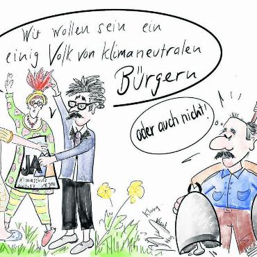 Einig oder klimaneutral? - «Klimaneutral bis im Jahr 2050... ein frommer Wunsch?», schreibt Karikaturistin Etschgi. «Wiederum sind wir nicht ein einig Volk… Es wird wohl sehr spannend werden am 18. Juni. Und die SVP gibt Gas. Wir werden sehen…» Bild: Etschgi
