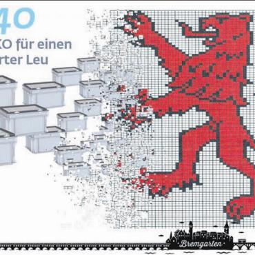 Aus kleinen Rako-Kistli Grosses aufbauen - 9440 Rako-Kistli und ein Holzrahmen: Utz und die Schule Bremgarten gestalten das «Leuefäscht» mit. Pixelmontage: Utz; Grafik: Simone Meier