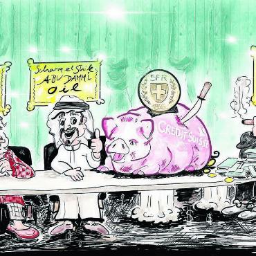 Schlicht eine Schweinerei - Das ist ein Erdbeben für den Finanzplatz Schweiz, irgendwie beschämend und eine Schweinerei, findet die Karikaturistin. «In den letzten 10 Jahren schrieb die Bank 3 Milliarden Verlust und im gleichen Zeitraum bezahlte sie ihren Topmanagern 32 Milliarden Boni», ärgert sie sich. Wie ganz viele Leute im Freiamt wurde Etschgi selber unfreiwillig zur Kundin der CS, weil diese die Neue Aargauer Bank einverleibte. «Anstatt Kundenbetreuung am Schalter hörte ich seither vor allem die nette Stimme am Telefon – begleitet mit gaaaaaanz viiiieeeel Musik, welche mich zur Geduld anhielt …» Nun ist dies Geschichte. «Wenn eine Brücke in sich zusammenfällt, muss der Ingenieur, der Architekt, das Bauunternehmen geradestehen – und bei einer Bank?», fragt sie sich. Bild: Etschgi