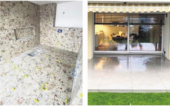 Für solide Vorarbeiten, wie das akribische Abdichten im Badezimmer… und das exakte und symmetrische Verlegen der Platten in Innenräumen… wie hier bei einem Gartensitzplatz, ist die EDI Keramik GmbH der richtige Partner bei allen Arbeiten rund um Wand- und Bodenbeläge. Bild: zg