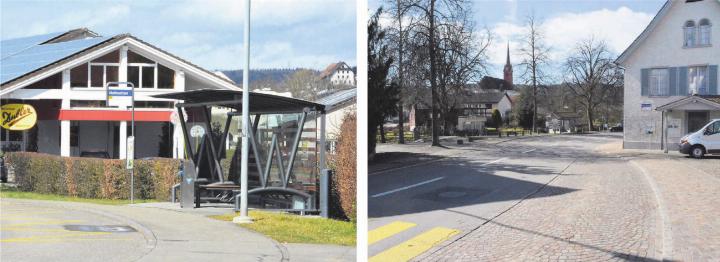 Die beiden Bushaltestellen Hofmatten (links) und Altes Schulhaus sind aktuell nicht auf den behindertengerechten Standard ausgebaut. Das soll sich bald ändern. Bilder: Celeste Blanc