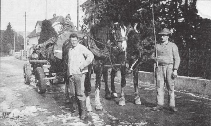 1940: Karl und Leonard Meier führen einen Buchentransport. Bild: Archiv